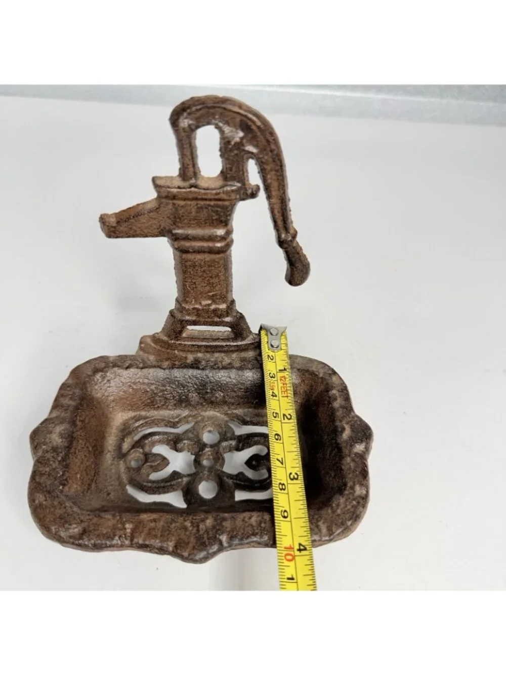 Cast Iron Water Pump Soap Dish Rustic Farmhouse Brown Footed Vintage Style